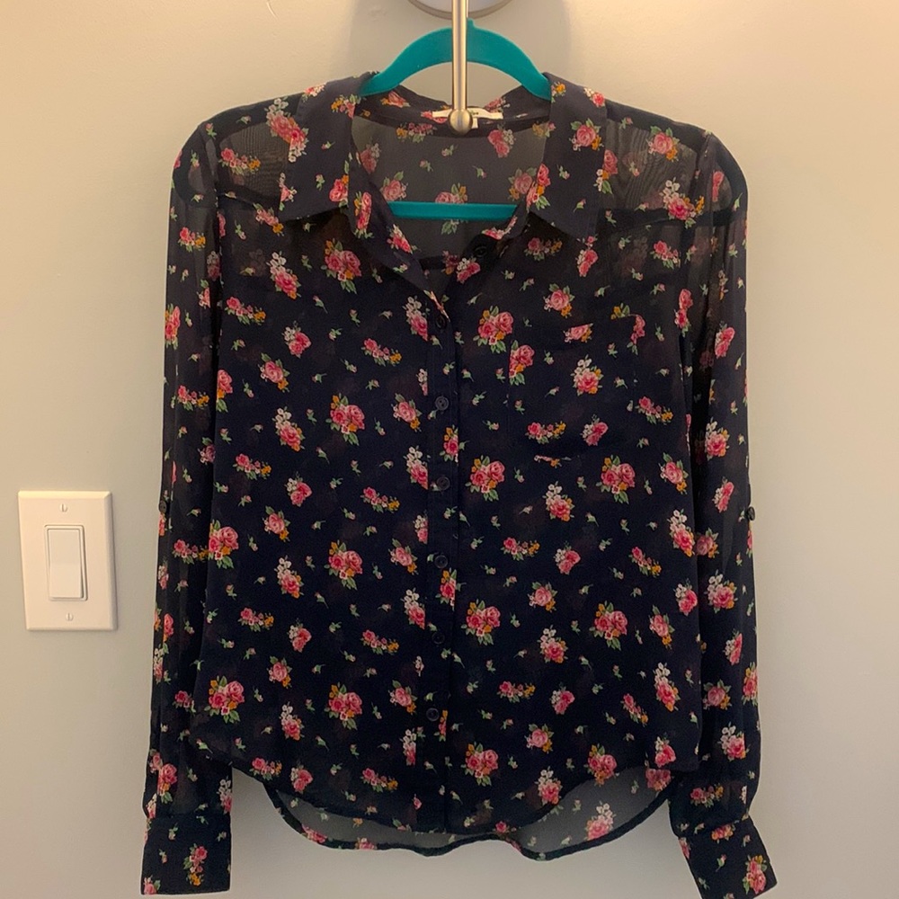Papaya Navy Button down Blouse with pink flowers Size M